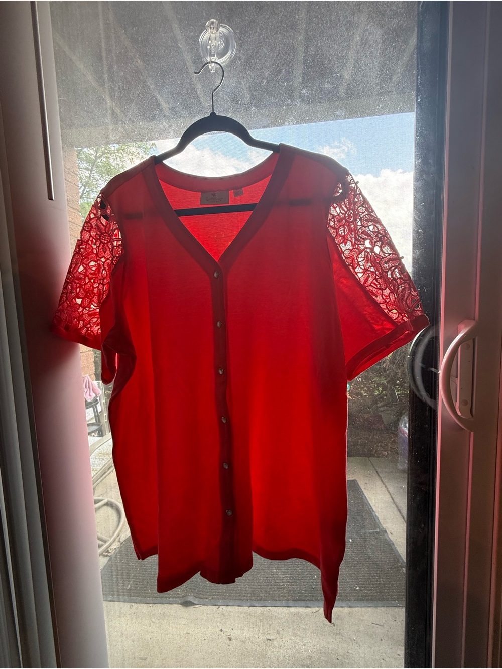 Quacker Factory Red Button-Down Top with Lace Sleeves